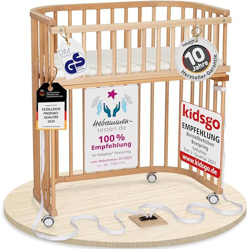 babybay Boxspring Beistellbett aus massivem Buchenholz/kompakt & verwandelbar/Kinderbett Höhe stufenlos verstellbar/mitwachsendes Babybett (Natur lackiert) / inkl. Matratze, Gitter, Rollen