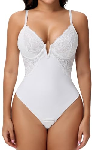 SHAPERIN Women Lace Shapewear Bodysuit Tummy Control Thong Bodysuit with Bra Sexy V Neck Slimming Bodysuit Tops, White, M