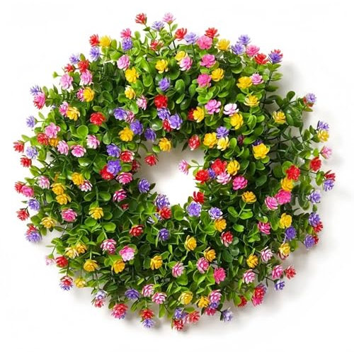Door Wreath, Spring Summer Wreaths for Front Door, Artificial Wildflower Spring Wreath, Multipurpose Decorative Garland Colorful Garland Door Wreaths Outdoor All Year Decor, 40cm