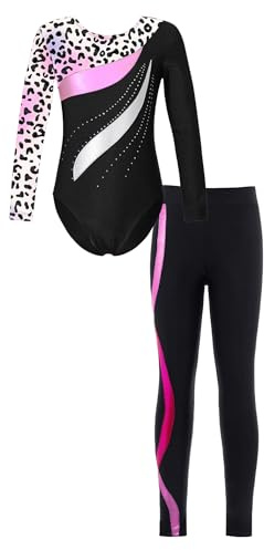 Eandarui Gymnastikdräkt flickor långärmad med byxor barn strass glitter konståkning kostym färgblock lapptäcke danskostym konkurrens danskostym, Leopard & Hot Pink, 134/140 cm