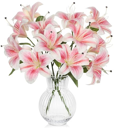 Oairse Juego de 2 ramos de flores artificiales de lirio de tigre rosa sintético con 12 cabezas, flores falsas realistas para decoración del hogar, centros de mesa de boda, regalo, arreglos florales