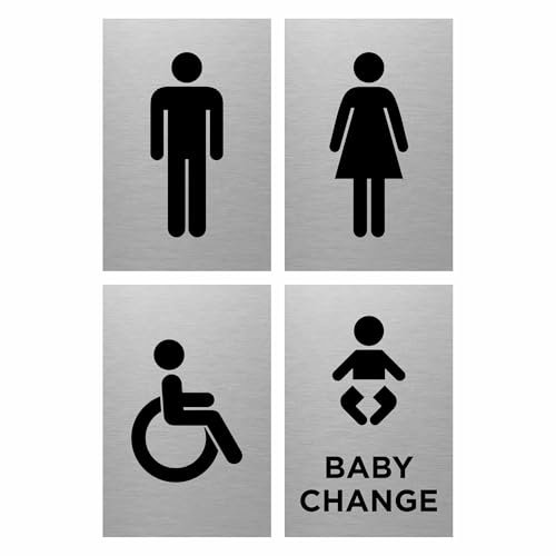 Toilet Door Sign 4 Pack – Slimline Aluminium – 100 x 150mm – Ladies, Gents, Baby Changing & Accessible Symbols – Self-Adhesive Washroom Sign Set