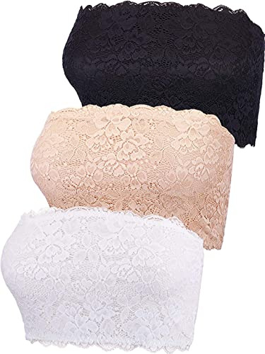 FULIER Women's Floral Lace Tube Top Bandeau Strapless Bras Seamless Bandeau Stretchy Chest Wrap for Daily Favor (UK, Alpha, L, Regular, Regular, Lace Bra (No Padded))