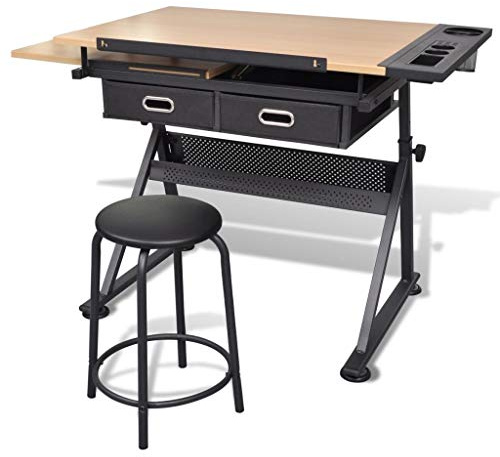 Verstellbarer Zeichentisch mit Hocker und Aufbewahrung, neigbare Oberfläche für Künstler und Designer