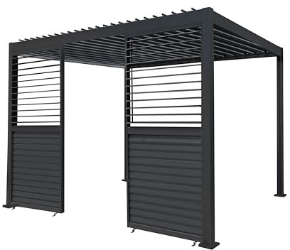 Metal Pergola 3m x 3m Anthracite Grey & 2 Shutter Side Panels Tilting Canopy Roof Aluminium Outdoor Garden Gazebo Sun Shelter Patio Drainage UV Protection Weather Resistant Tools Ground Bolts Included