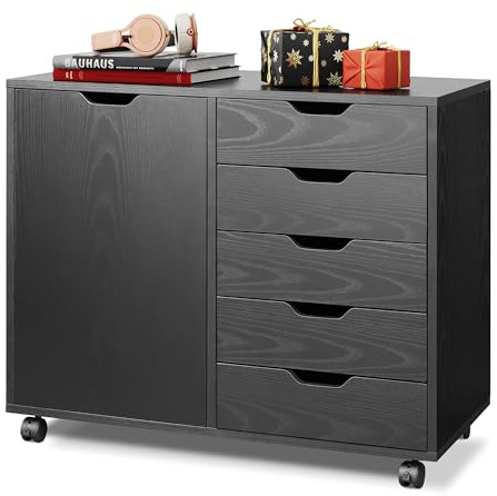 DEVAISE Rollcontainer mit 5 Schubladen, Schrankfach, Mobil, Schwarz | 5 Schubladen, Zusätzliches Schrankfach, Mobiles Design, Leichtgängige Rollen, Einfacher Aufbau, für Büro & Home Office