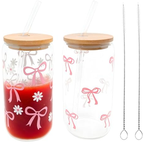 SINRAD Lot de 2 Tasses en Verre avec Couvercles et Pailles, 500ML Verre avec Couvercle et Paille avec Couvercle et Paille, Verres Vides en Forme de Canette, pour Smoothie, Bière, Cola