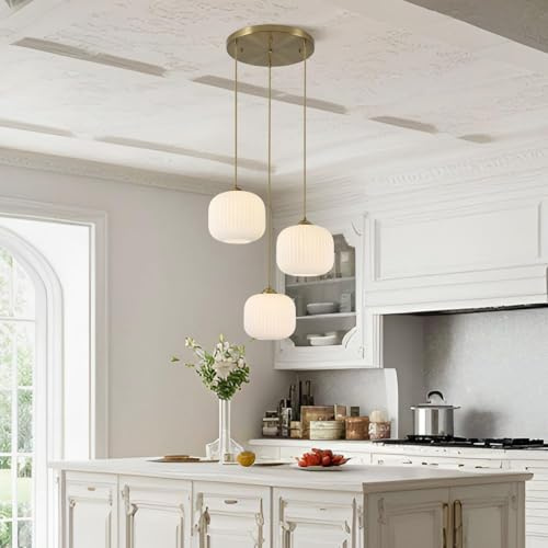 VTAMng Hängelampe mit Glaslampenschirm modern Esszimmer milchig weiß Kugel Kronleuchter Schlafzimmer 3 Lichter verstellbar Scheunen Pendelleuchte Kücheninsel Leuchten geeignet für Flur Korridor