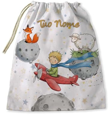 Sacca Asilo personalizzata con nome bambino/a .Sacchetto porta bavaglini o tovagliette ecc Scuola Materna/Elementare, Nido,Sport, inizio scuola. 33x41 cm (adatta a Piccolo Principe)