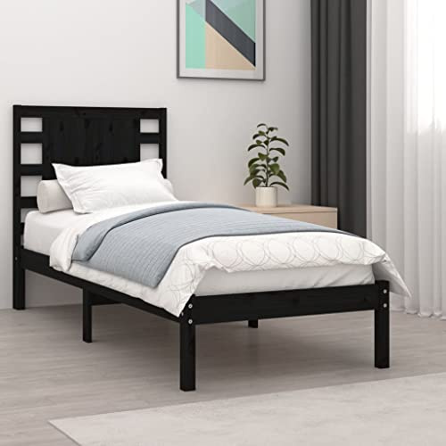 Qnhdfrt Massivholzbett Schwarz 75x190 cm Bettgestell aus Kiefernholz mit Kopfteil und Lattenrost Rustikales Design für Erholsamen Schlaf