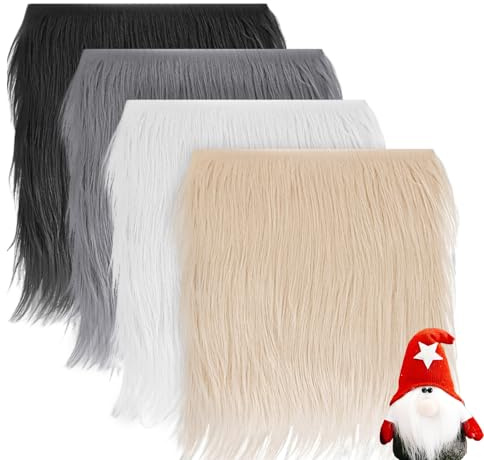 4 Stück Weihnachten Kunstfell Stoff, 25x25 cm Quadratisch Plüschstoff, Wichtel Bart zum Basteln, Kunstpelz Quadrat Stoff für Wichtelbart Weihnachtsdeko Basteln DIY (Grau, Weiß, Schwarz, Khaki)