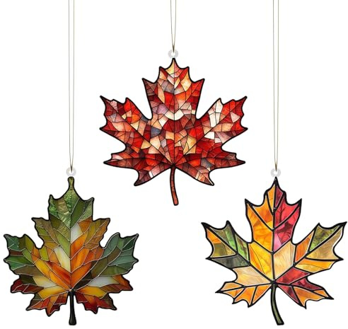 LUMOOM 3 pezzi ornamento a foglia d'acero in acrilico macchiato, decorazione autunnale per finestra, foglie d'acero, acchiappasole, da appendere alla finestra per la decorazione autunnale