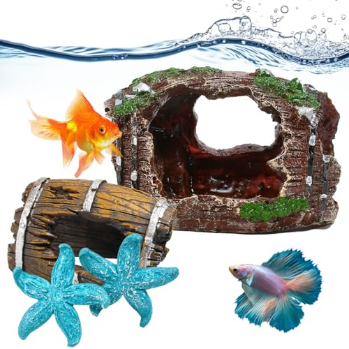 Vunanvu 4 PCS Decoración para Acuario de Peces, Adornos Peceras y Acuarios Pequeños, Troncos Acuario con Estrellas de Mar Simulada, Decoracion Escondite Acuarios, Tanque Decoraciones para Camarones