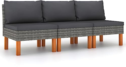 Holamys 3er Set Mittelsofas, Poly Rattan Grau, Massives Eukalyptusholz, Outdoor Gartenmöbel Loungesofa, Wetterfest für Terrasse Balkon, Anthrazit Kissen
