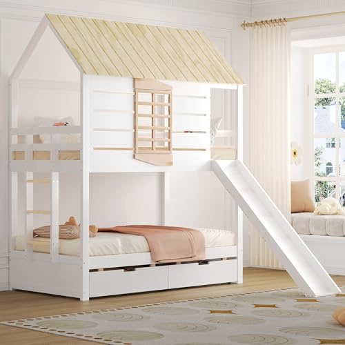 NuvlaGu Letto a castello 90 x 200 cm, con scivolo e letto estraibile, a forma di casa, letto a castello con scala e ringhiera di protezione, legno massello e MDF (bianco + naturale -1)