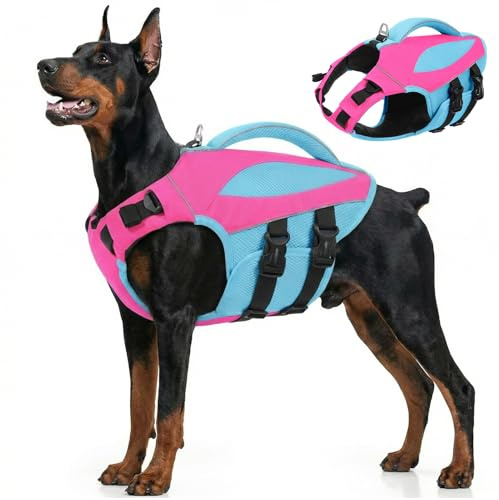 AOFITEE Hundeschwimmweste Große Hunde, Hoher Auftrieb Schwimmweste Hund L mit Rettungsgrif, Leicht Sicher Dog Life Jacket Hund Rettungsweste Reflektierend Hundeweste Schwimmen für Wassersport, Rose, L