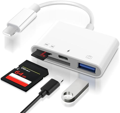 4-in-1 SD Kartenleser für iPhone & iPad, Adapter SD Karte mit Light-ning Ladeanschluss + USB-A + SD + MicroSD, High-Speed Datenübertragung, kompatibel mit iPhone 7–14, iPad, Plug & Play