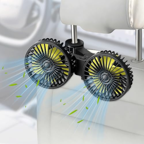 Focenat Ventilador de Coche USB Doble Cabezal para Asiento Trasero | 3 Velocidades, Rotación 360°, Ventilador Portátil Silencioso para Auto, SUV y Camión
