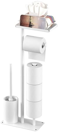 Porte-papier toilette debout en acier au carbone avec brosse - Porte-papier toilette avec boîte à lingettes humides, brosse WC et brosse WC - Blanc