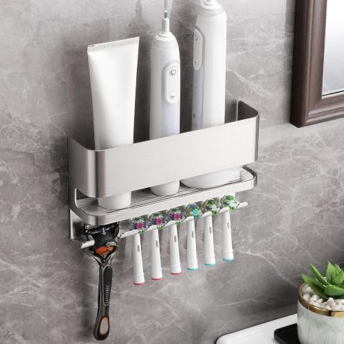Gsocel Zahnbürstenhalter ohne Bohren für 6, 304 Edelstahl, Silber | Zahnbürstenhalter Elektrische Zahnbürste Selbstklebend, Zahnbürstenhalter Wand, Badezimmer Organizer, Platzsparend und Stabil