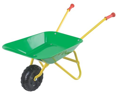 PLAY FUN Kinderschubkarre | Gartenspielzeug & Sandspielzeug für Kinder | Robuste | Grün | Schubkarre aus Metall | Gummierte Griffe & Kunststoffräder | Outdoor-Spielzeug für kleine Gärtner