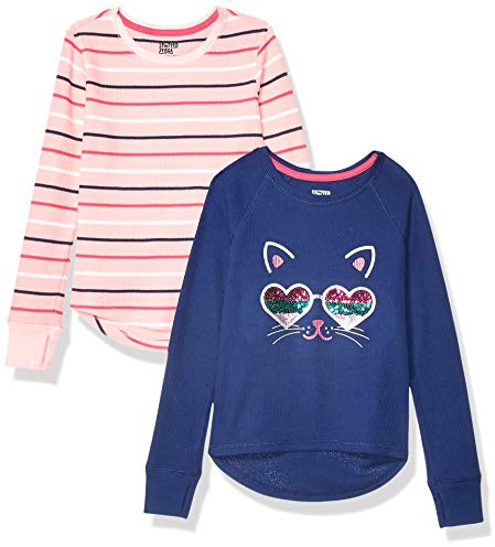 Amazon Essentials Camisetas Térmicas de Manga Larga Niña, Pack de 2, Azul Gato/Rosa Rayas, 9 años