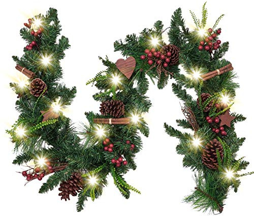 Valery Madelyn Weihnachtsgirlande 183CM mit 20 Beleuchtung Timer, künstliche Tannengirlande mit Natür Tannenzapfen Zimt Holzsterne,Weihnachtsdeko für Tisch Treppengeländer In-Outdoor, Grün Rot