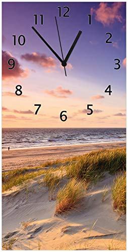 Wallario Design-Wanduhr Abendspaziergang am Strand - Sonnenuntergang über dem Meer aus Glas, Motiv-Uhr Größe 30 x 60 cm, Schwarze Zeiger