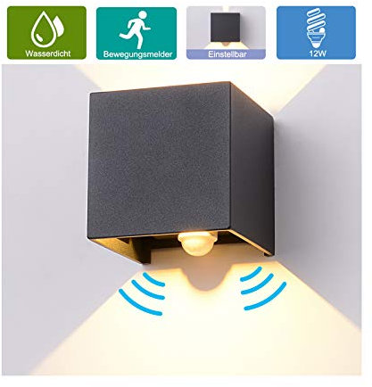 Elitlife 12W Wandleuchte Wandleuchte mit Bewegungsmelder, LED Wandleuchte Wasserdichte Außenwandleuchten Innen/Aussen Wandlampe Aluminium Wandleuchte,Anthrazit