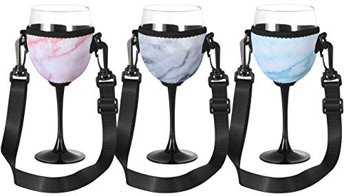 Beautyflier Wine Glass Insulator/Drink Holder/Neoprene Sleeve with Adjustable Neck Strap For Wine Walk (Marble Blue/Pink/Gray)