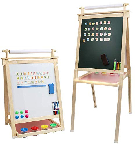 Dripex Kinder Kunst Staffelei mit Papierrolle doppelseitige Tafel und Magnetic Board für Kinder Malen Upgrade Whiteboard Kreidetafel(Holzfarbe)
