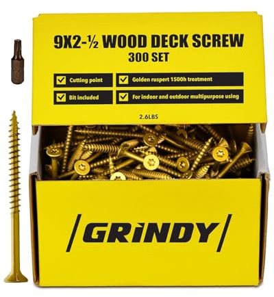 #9 x 2 1/2 Wood Screws by Grindy (300 Pack/2.6LBS) – Self-Drilling Deck Screws I Rust Resistant I Quick Drive & Fast Grip I for Cabinet, Furniture & Other Projects I Bit Included
