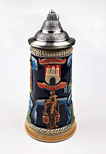 Buddel Bini Versand Bierkrug Hamburg Hummel 21x9 cm Bierseidel mit Zinndeckel 0,5 Liter