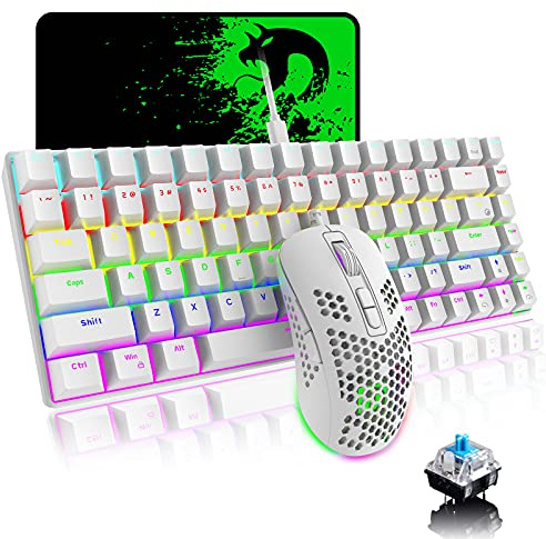 True Mechanical Gaming Keyboard Mouse Combo Rainbow Backlight 84 Key Anti-ghosting Waterproof Type-C Wired Keyboard, 6400 DPI Programmable Mice for PC/Mac Gamer /Typist+Mouse Pad(White/Blue)