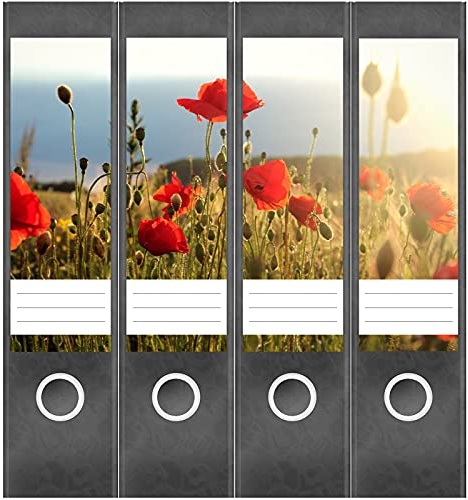 Etiketten für Ordner | Mohn Feld | 4 breite Aufkleber für Ordnerrücken | Selbstklebende Design Ordneretiketten Rückenschilder