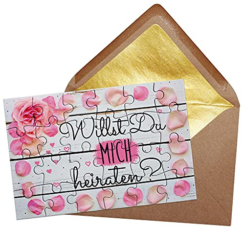 Foto-Puzzle mit Rosen Motiv - Willst du Mich heiraten? - inkl. Briefumschlag mit Gold-Inlay - Geschenk Heiratsantrag, zur Hochzeit & Verlobung - 24 Teile