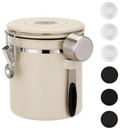 ShanSon Coffee Canister Airtight Coffee Container Stainless Steel Coffee Bean Storage Container with Scoop Coffee Canister for Beans Grounds Sugar Flour Tea Cereal,16OZ,Beige