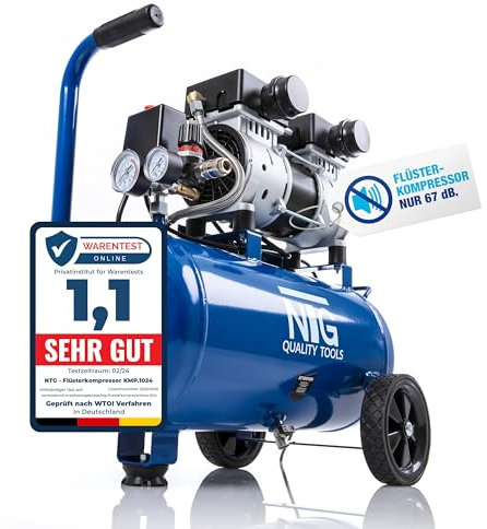 NTG Silent Druckluft Kompressor 1470W Starke Leistung 24 Liter Tank 9 Bar Ölfrei | besonders leise und flexibel einsetzbar mit 2 x Manometer und Druckregler