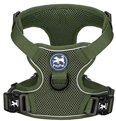 PoyPet Reflektierendes, weiches, atmungsaktives Hundegeschirr aus Mesh, erstickungsfreie, doppelt gepolsterte Weste mit verstellbarem Hals und Brust(Militärgrün,M)