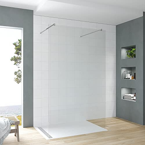 Walkin Dusche Freistehend 117 cm breit 200 cm hoch Begehbare Duschabtrennung Duschwand Glas Duschtrennwand Echtglas ESG 8 mm klar Nano Beschichtung Stabilisator Chrom | OHNE Wandprofil OHNE Duschwanne