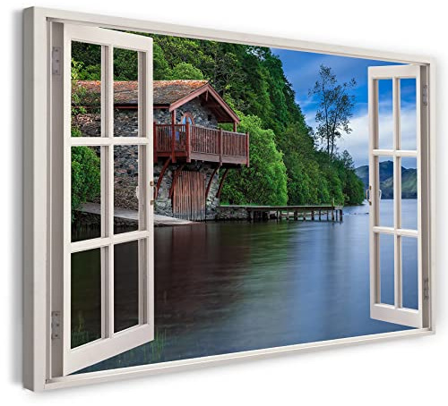 Bilder Fensterblick 100x70cm Baumwoll-Leinwand auf Keilrahmen mit Aufhänger moderner Kunstdruck XXL Wandbilder Wand-Dekoration Haus am See Ausblick Natur Landschaft Berge - Natur-Fotografie