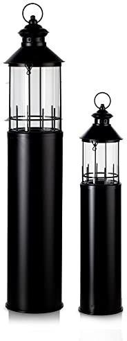 KHG Laterne Leuchtturm 2er-Set aus Metall/Glas in schwarz, Kerzenständer | Kerzenhalter, Outdoor und Indoor, Deko, Glaseinsatz, für Wohnzimmer, Balkon, Terrasse, Garten usw., für den Alltag