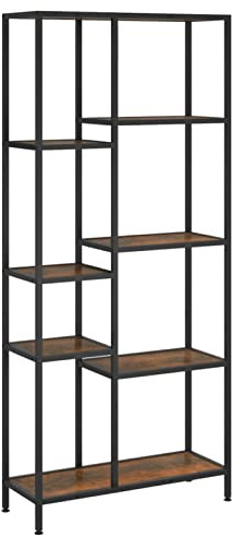 Gecheer Bokhylla, trähylla, kubhylla, förvaringshylla, kontorshylla, rumsavdelare förvaringshylla 80 x 30 x 180 cm (B x D x H) trämaterial, stål mörkbrun och svart
