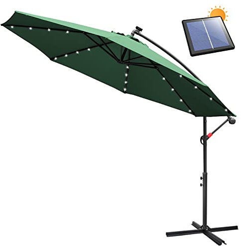 Ikodm Parasol avec manivelle | Parasol déporté avec support | Parasol de jardin, protection solaire, protection UV, aluminium, à manivelle, parasol de marché étanche pour le jardin, Vert avec LED