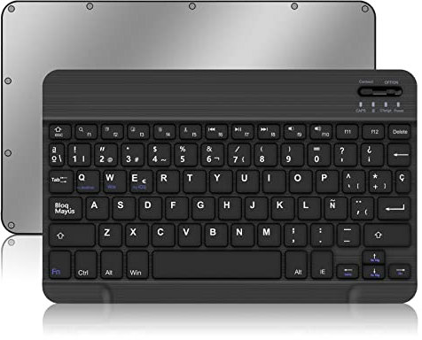 Teclado Bluetooth en Español (Ñ) - Teclado Inalámbrico Ultrafino para Tabletas iOS, Apple iPad, Android Samsung, Huawei, Windows y Todos Los Dispositivos con Bluetooth - Negro