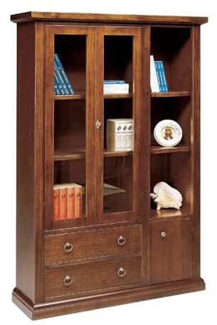 Mar.c.a. Design - Schaufenster, Bücherregal, elegant, aus Pappelholz, Kristallglas, Farbe Walnuss, Möbel, Wohnzimmer, Kunst, arm, Made in Italy, L.120 x 40 cm, H.185 cm.