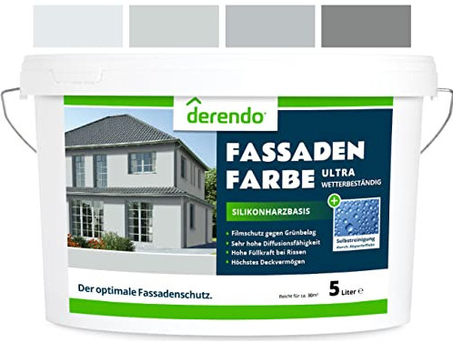 derendo Silikonharz Fassadenfarbe grau ULTRA Wetterschutz, 5l, Abperleffekt wie beim Lotus Blatt, inkl. Schutz vor Verunreinigungen durch die hochwertige Silikonharz-Beschichtung (Hellgrau)