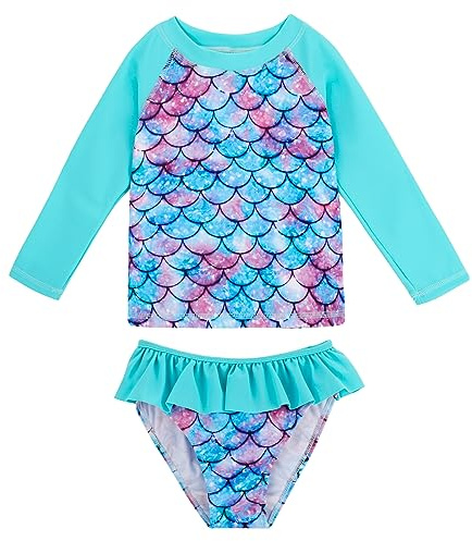 MASOCIO Bañador Niña Traje de Baño Niña Bañadores Dos Piezas UPF 50+ Proteccion Solar Anti UV Camiseta Manga Larga Natacion Playa 3 4 Años Escamas 1