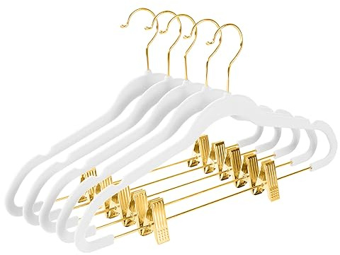 MIZGI Premium Samt Hosenbügel mit verstellbaren Clips (20 Stück) schmale Rock-Kleiderbügel - rutschfeste Filz-Kleiderbügel weiß - goldene Haken, platzsparende Hemd-Kleiderbügel