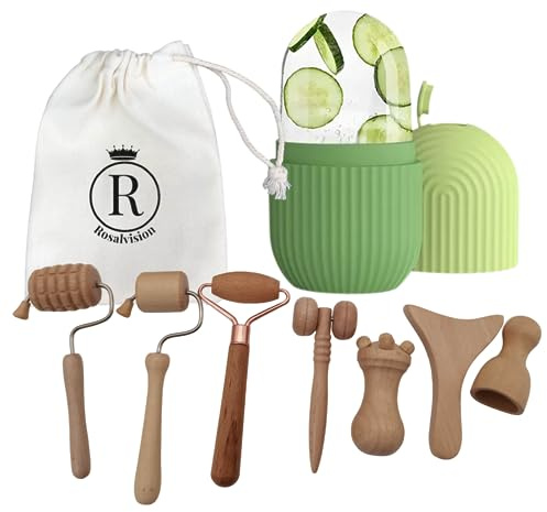 Maderoterapia Facial Kit y Rodillo Facial de Hielo-Pack completo de 7+1 Masajeadores Faciales – 3 Rodillo facial-Gua sha-Champiñón Masaje Cara-Masajeador facial Contorno de Ojos - copa sueca facial